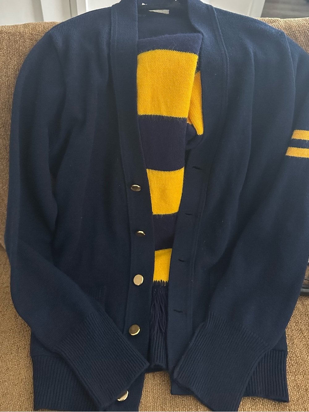 Michael Frind Men's Navy Cardigan with Yellow Stripe Accents/Donald M scarf set